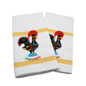 100% Cotton Embroidered Portuguese Good Luck Rooster Decorative Kitchen Dish Towel - Set of 2