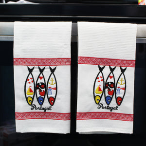 100% Cotton Embroidered Portuguese Sardine Decorative Kitchen Dish Towel - Set of 2