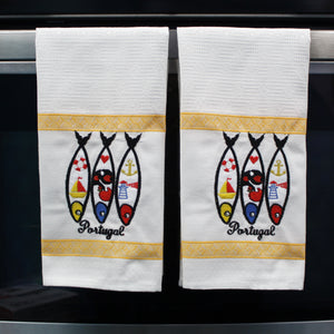 100% Cotton Embroidered Portuguese Sardine Decorative Kitchen Dish Towel - Set of 2