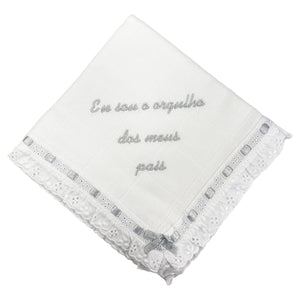 Portuguese Embroidered Grey Baby Burp Cloth "Eu Sou O Orgulho Dos Meus Pais"