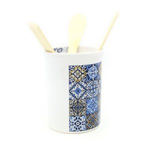 Portuguese Tile Azulejo Ceramic Utensil Holder with Wooden Utensil Set