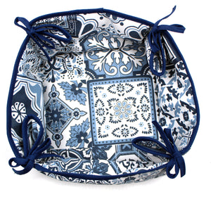 100% Cotton Portugal Blue Tile Azulejo Oven Mitt, Bread Basket, and Pot Holder Set