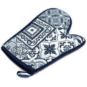 100% Cotton Portugal Blue Tile Azulejo Oven Mitt, Bread Basket, and Pot Holder Set