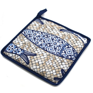 100% Cotton Cobblestone and Sardines Oven Mitt, Bread Basket, and Pot Holder Set