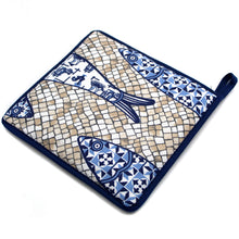 Load image into Gallery viewer, 100% Cotton Cobblestone and Sardines Oven Mitt, Bread Basket, and Pot Holder Set
