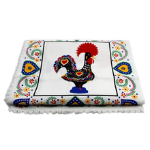 Load image into Gallery viewer, 31&quot; x 47&quot; Good Luck Rooster Galo de Barcelos White Table Linen with Fringe
