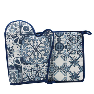 100% Cotton Portugal Blue Tile Azulejo Oven Mitt and Pot Holder Set