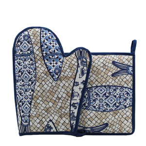 100% Cotton Cobblestone and Sardines Oven Mitt and Pot Holder Set