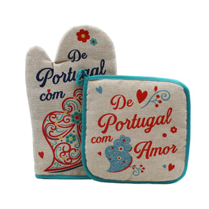 100% Cotton From Portugal With Love Blue Oven Mitt and Pot Holder