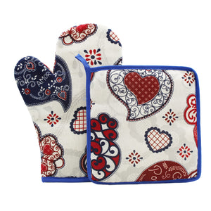 100% Cotton Viana Hearts Oven Mitt and Pot Holder