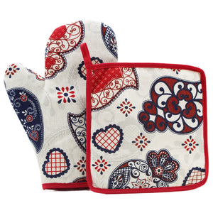 100% Cotton Viana Hearts Oven Mitt and Pot Holder