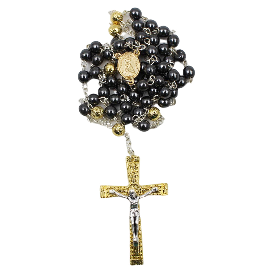 Our Lady of Fatima Dark Grey Beads Rosary with Gold Crucifix