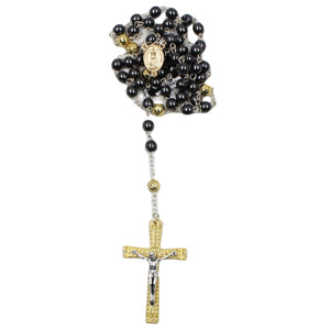 Our Lady of Fatima Dark Grey Beads Rosary with Gold Crucifix