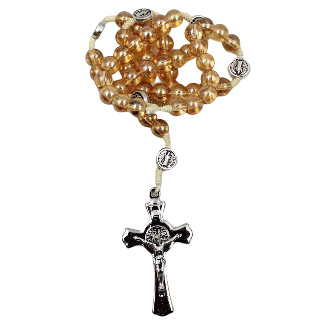 Saint Benedict Clear Honey Shiny Beads Necklace Rosary