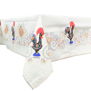 100% Cotton White Traditional Rooster Galo de Barcelos Regional Made in Portugal Tablecloth