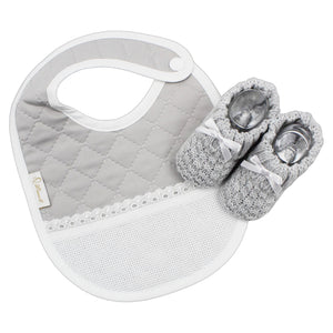 Portuguese Unisex Grey Baby Classic Snap Closure Cross Stitch Bib and Booties Set