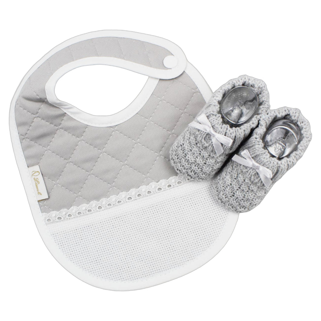 Portuguese Unisex Grey Baby Classic Snap Closure Cross Stitch Bib and Booties Set