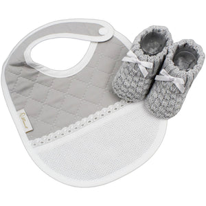 Portuguese Unisex Grey Baby Classic Snap Closure Cross Stitch Bib and Booties Set