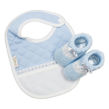 Load image into Gallery viewer, Portuguese Unisex Blue Baby Classic Snap Closure Cross Stitch Bib and Booties Set
