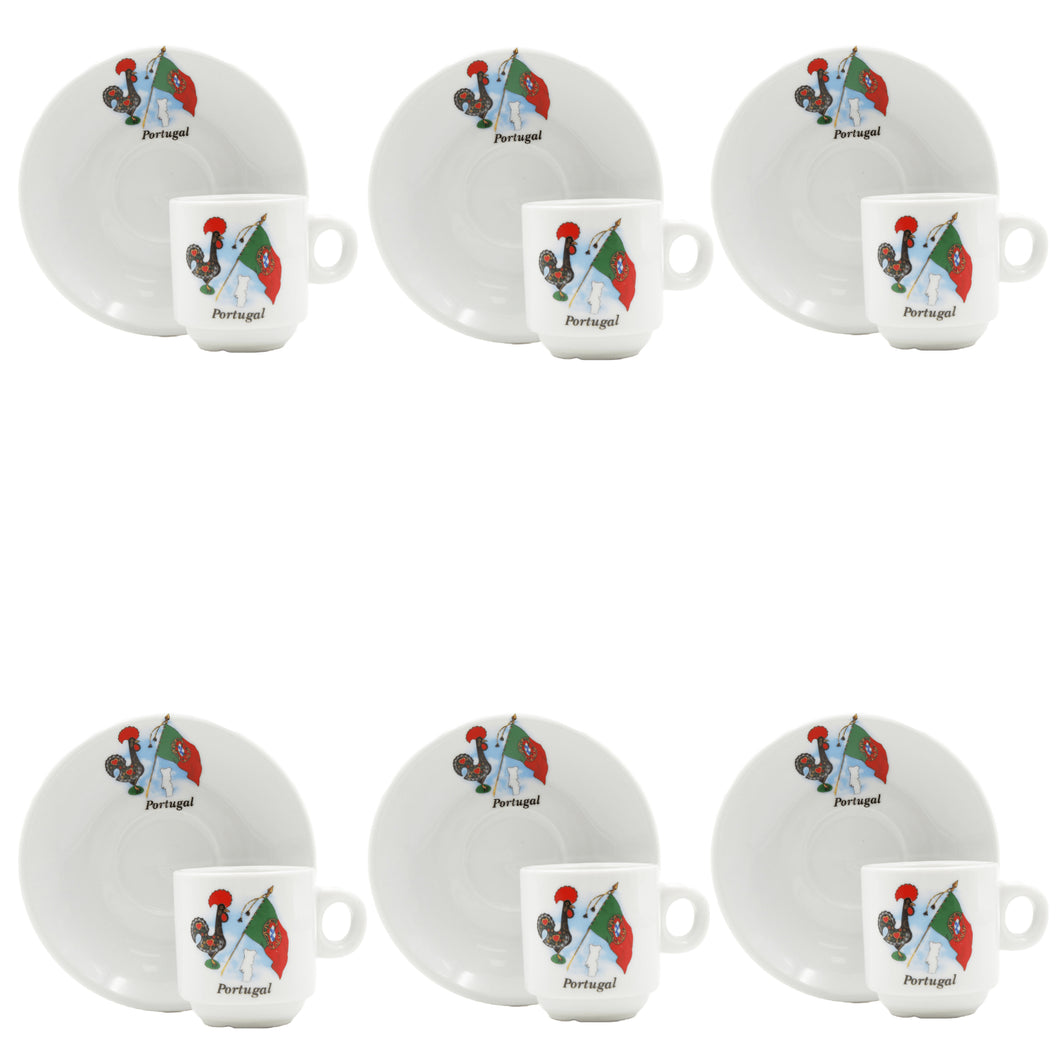 Portuguese Rooster with Flag Espresso Cup and Saucers with Gift Box, Set of 6