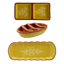 Load image into Gallery viewer, Hand Painted Traditional Yellow Terracotta Appetizer Dish, Sausage Roaster, and Tart Tray Set
