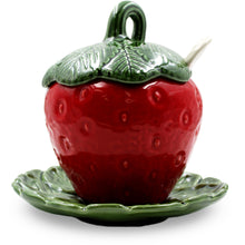 Load image into Gallery viewer, Faiobidos Hand-Painted Ceramic Strawberry Large Sugar Bowl with Spoon, Lid, and Saucer Red
