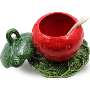 Faiobidos Hand-Painted Ceramic Strawberry Large Sugar Bowl with Spoon, Lid, and Saucer Red