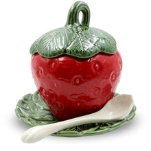 Load image into Gallery viewer, Faiobidos Hand-Painted Ceramic Strawberry Large Sugar Bowl with Spoon, Lid, and Saucer Red
