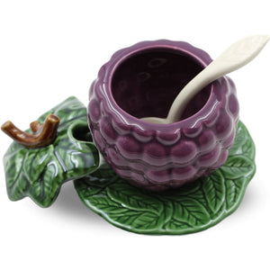 Faiobidos Hand-Painted Ceramic Blackberry Sugar Bowl with Spoon