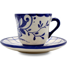 Load image into Gallery viewer, Hand-Painted Portuguese Pottery Clay Terracotta Blue Espresso Cup and Saucer, Set of 2
