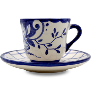 Hand-Painted Portuguese Pottery Clay Terracotta Blue Espresso Cup and Saucer, Set of 2