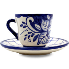 Load image into Gallery viewer, Hand-Painted Portuguese Pottery Clay Terracotta Blue Espresso Cup and Saucer, Set of 2
