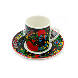 Set Of 6 Portuguese Good Luck Rooster Galo de Barcelos Espresso Cups and Saucers