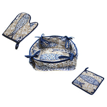 Load image into Gallery viewer, 100% Cotton Cobblestone and Sardines Oven Mitt, Bread Basket, and Pot Holder Set
