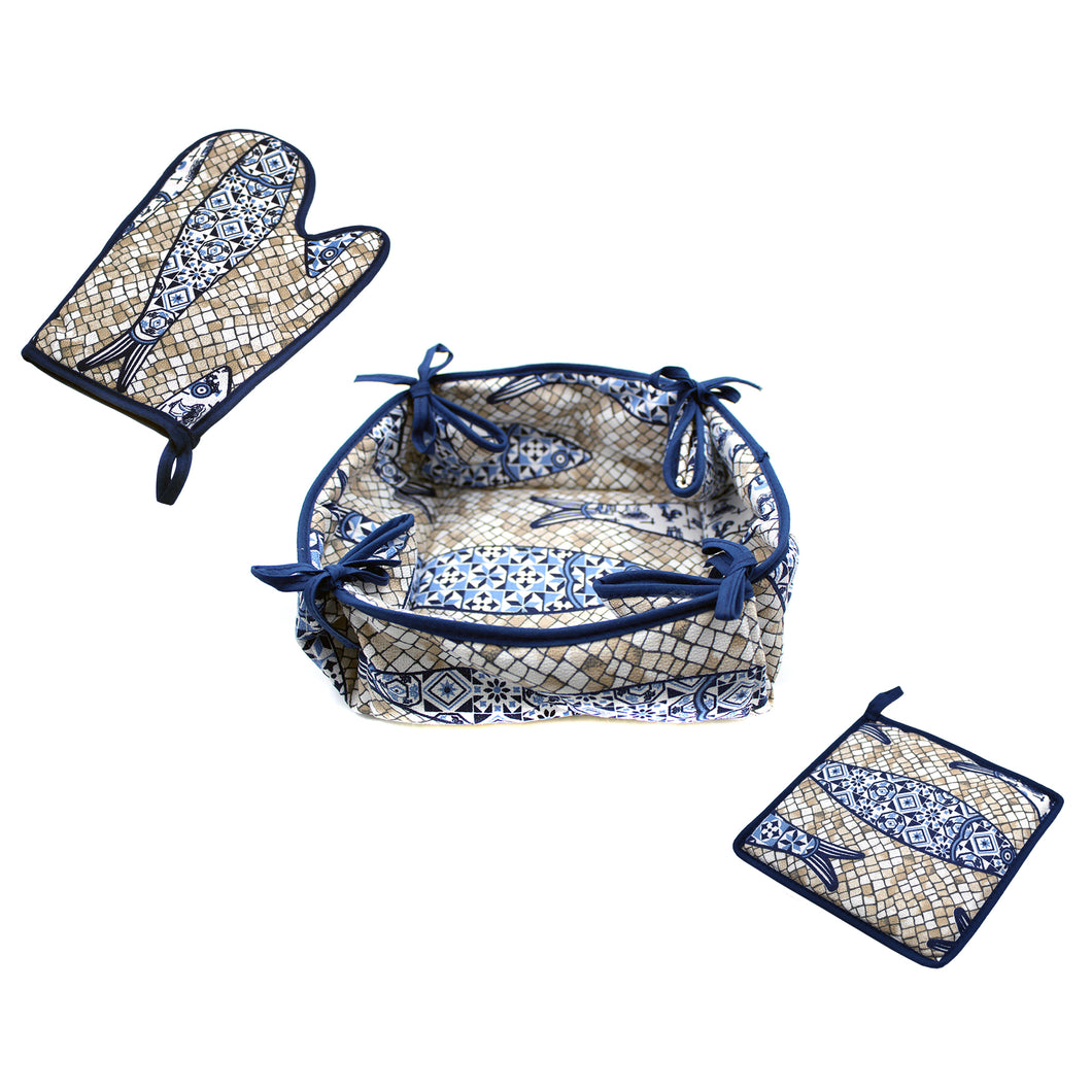 100% Cotton Cobblestone and Sardines Oven Mitt, Bread Basket, and Pot Holder Set