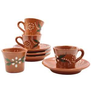 João Vale Hand-Painted Traditional Terracotta Espresso Cup w/ Saucer, Set of 4